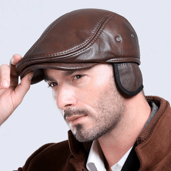 Mens Vintage Genuine Leather Earflaps Windproof Ivy Caps