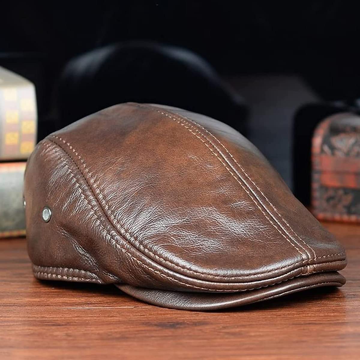 Mens Vintage Genuine Leather Earflaps Windproof Ivy Caps