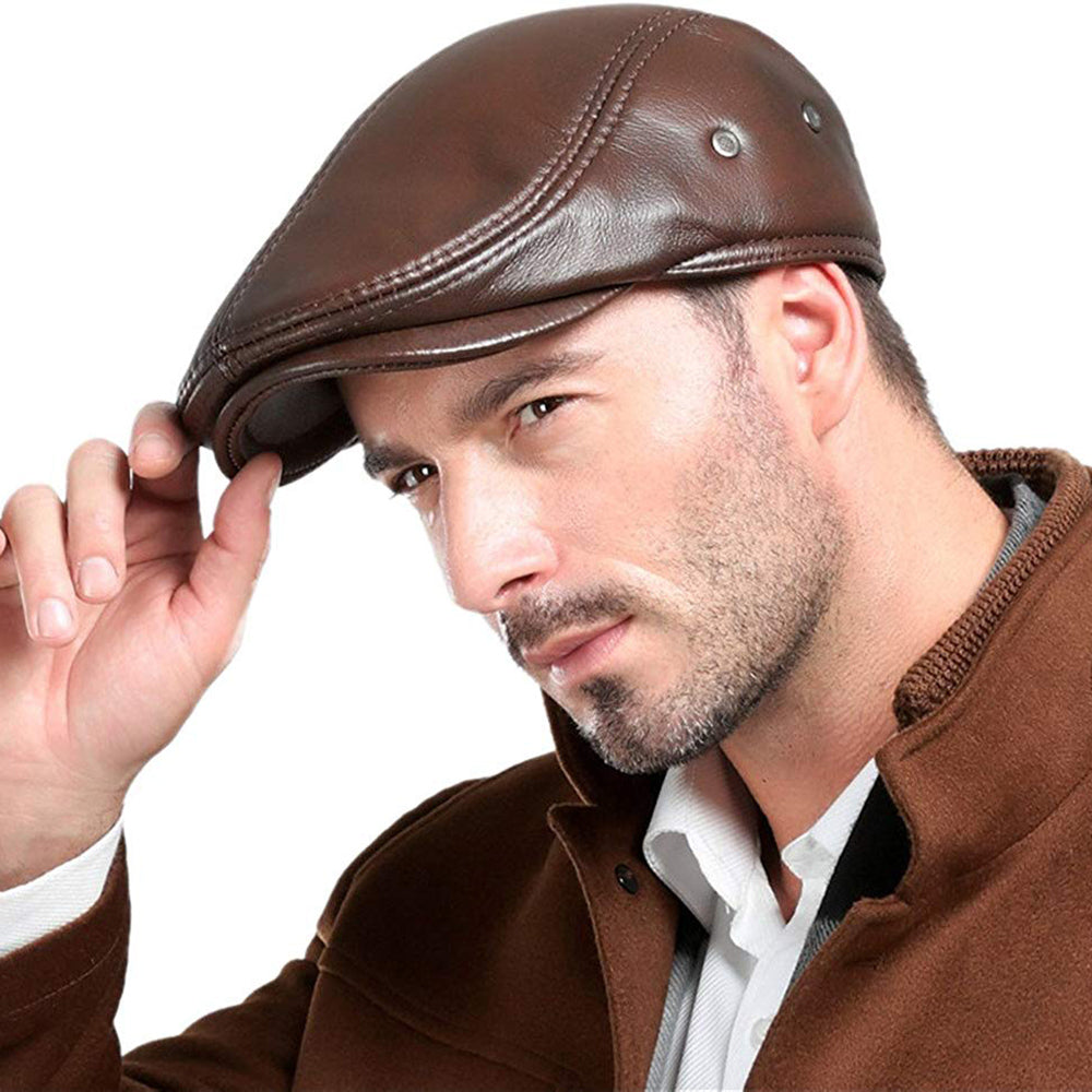 Mens Vintage Genuine Leather Earflaps Windproof Ivy Caps