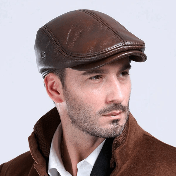 Mens Vintage Genuine Leather Earflaps Windproof Ivy Caps
