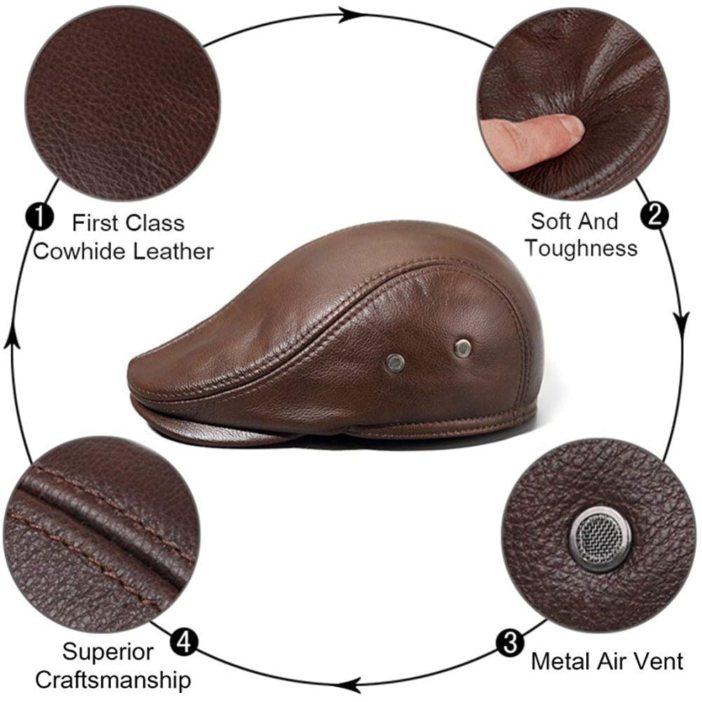 Mens Vintage Genuine Leather Earflaps Windproof Ivy Caps